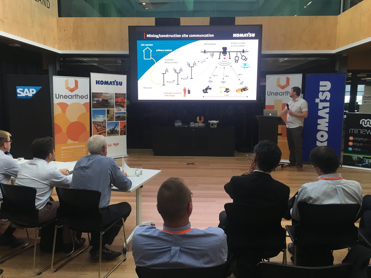 Unearthed_S's tweet photo. Andrew of Mira Robotics pitches their Mira Kinematic Retransmitter at #KomatsuTransform #Mining 
#drones https://t.co/Z4x1lVMkrk