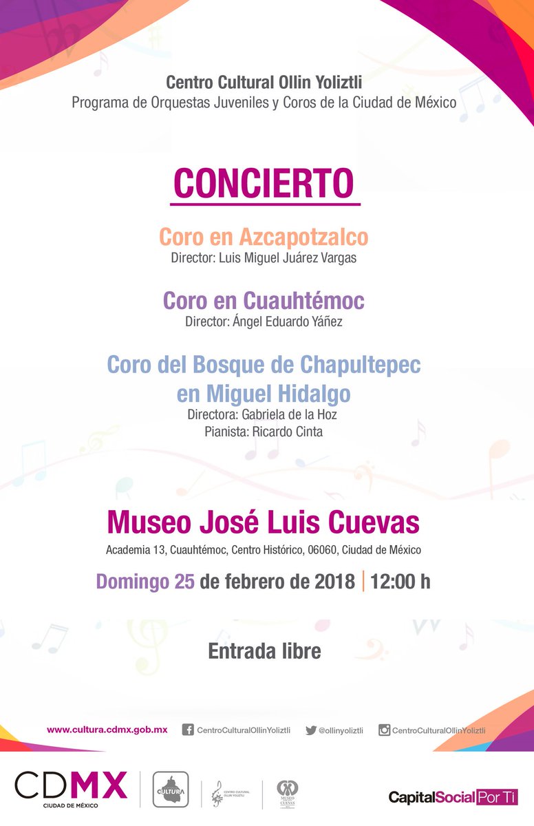 CulturaCiudadMx's tweet photo. Mañana en el @MuseoCuevas, el @ollinyoliztli presenta las voces de los #CorosCDMX de Azcapotzalco, Cuauhtémoc y del Bosque de Chapultepec en Miguel Hidalgo. ¡Ven en familia y deléitate con su talento! #EntradaLibre https://t.co/nspaIz2s5d