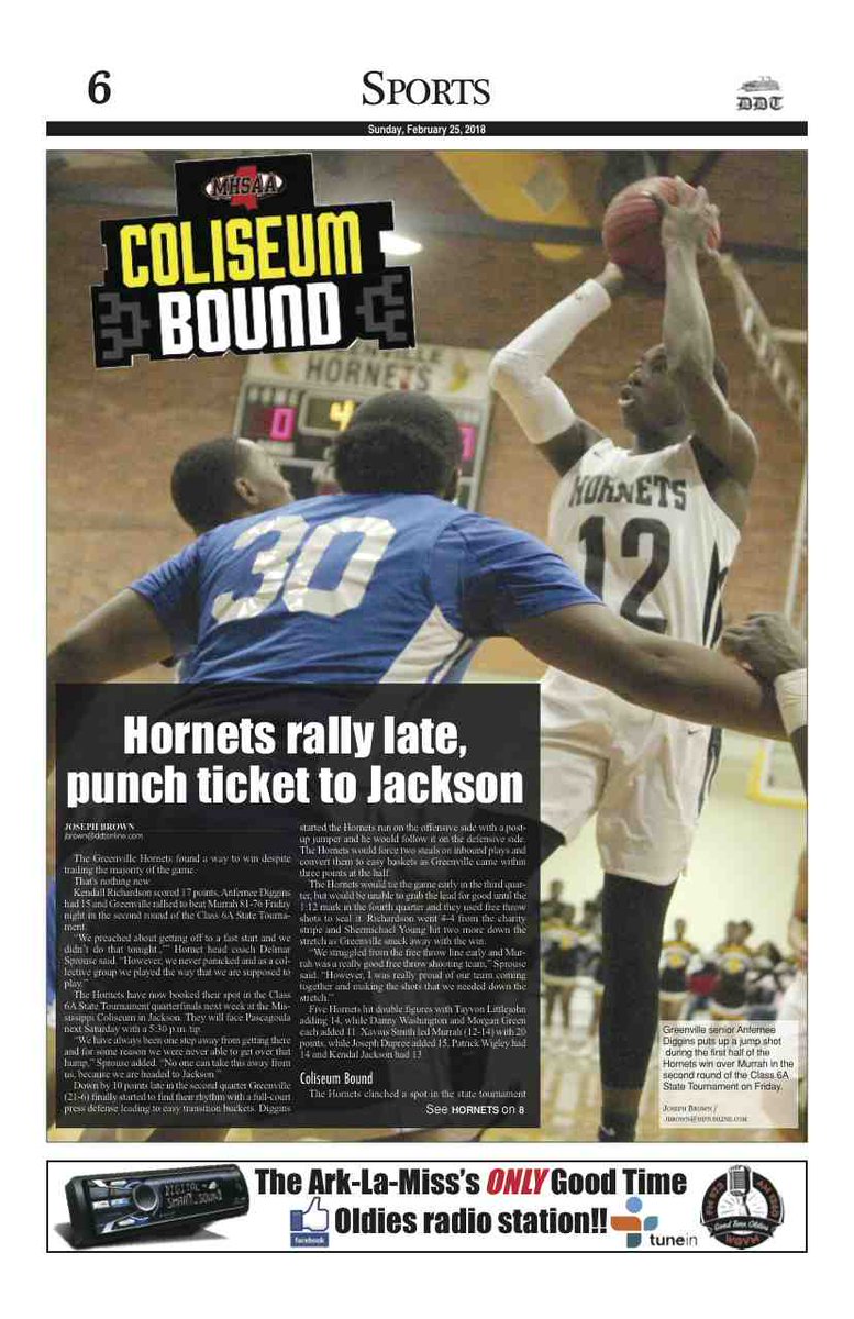 DDTSports's tweet photo. Sneak peak of @DDTSports front page. It's highlighted by @gpsd_district historic win that made the Hornets #ColiseumBound for the first time in eight seasons. Be sure to get your copy or see more at https://t.co/2PE6xNcMvq.
#DeltaHoops #LocalSports https://t.co/aqhDDZ7Bq3