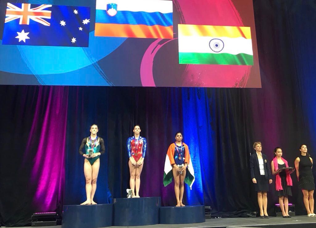 Ra_THORe's tweet photo. Medal for one, belief for millions!

Put your hands together for India's first Gymnast to win an individual medal in the #GymnasticsWorldCup at Melbourne. 

Well done Aruna Budda Reddy. You have made India proud. #Gymnastics https://t.co/x0kqPgYybt