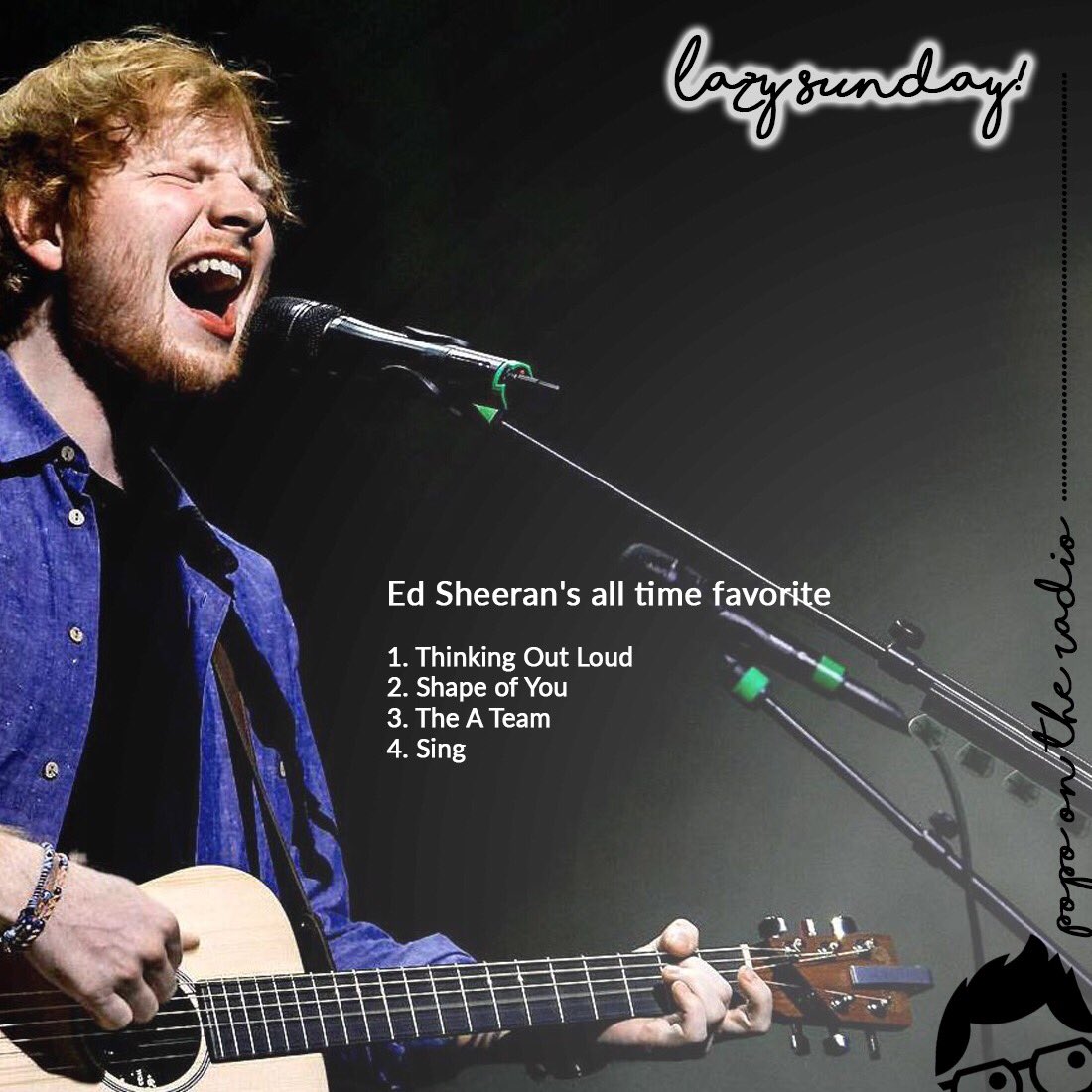 Hari ini mau males-malesan di kamar sampe siang ah sambil muter playlist #LazySunday gw hari ini: Ed Sheraan's all time favorite ala Popo Kusen. 

1. Thinking Out Loud
2. Shape of You
3. The A Team
4. Sing

Playlist kalian pagi ini apa nih kalo boleh tau? #POTR #GaraGaraPopo