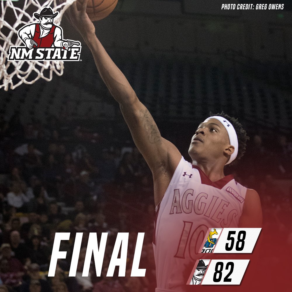 NMStateMBB's tweet image. FINAL | Aggies of old return in 82-58 win over UMKC. Win gives NM State a share of the @WACsports regular-season title. 

J. Jones | 15pts, 23rebs, 7asts
Chuha | 15pts (7-9), 4rebs
Harris | 13pts (5-10 FG)
Lofton | 13pts 

#AggieUp