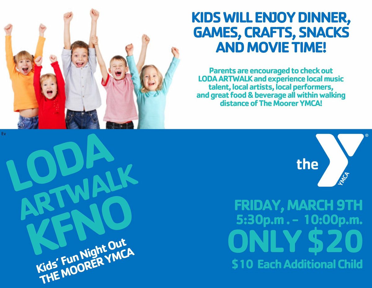 ymcamoorer's tweet photo. Kids' Fun Night Out is Friday, March 9th!
Let us entertain the kids while you enjoy a night out in downtown Mobile!
#LoDa #ArtWalk #KFNO #YSAL #MoorerYMCA https://t.co/QmdIomUdcV