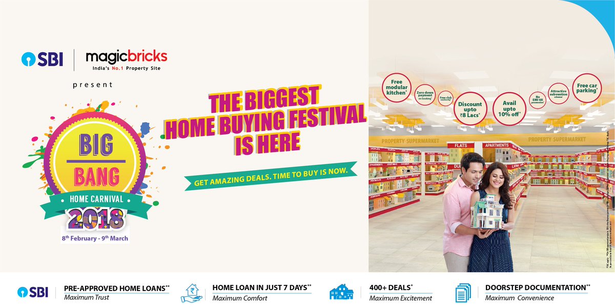 TheOfficialSBI's tweet photo. SBI, along with @magicbricks, launched the #BigBangHomeCarnival, a much awaited month-long online home buying carnival. SBI is offering pre-approved #HomeLoans, #FlexipayHomeLoan product with 20% additional loans and #ZeroProcessingFees. Visit Now: https://t.co/gKpzx7QBYn https://t.co/ADni6SC2j5