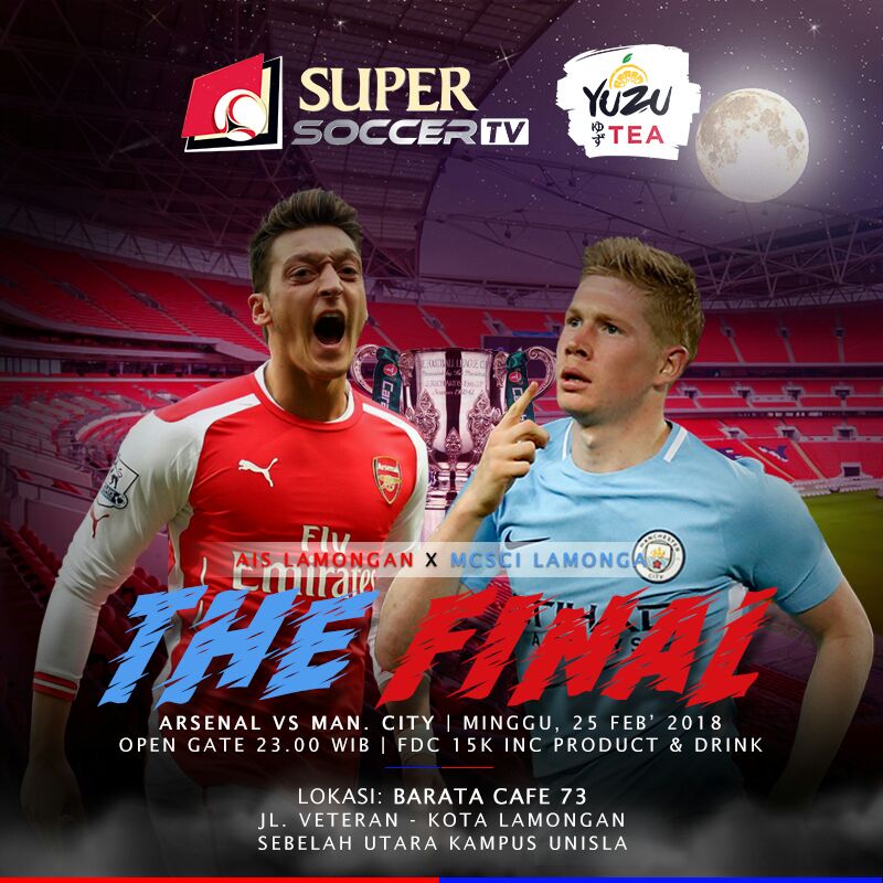 #MatchScreeningAISLMG w/ <a href="/MCSCI_Lmg/">MCSCI LAMONGAN</a>

FINAL CARABAO CUP

⚽ ARSENAL vs Man. City
📅 Minggu, 25/02/18
🏤 Barata Cafe 73 (Jl. Veteran)
🕚 23.00 WIB
💰 15K
📲 WA: 082257371317 (Razif)

<a href="/lmg_update/">Lamongan Update</a>
#BudayakanNobar #Arsenal #COYG #VCC #Lamongooners #Megilan #CarabaoCup 🐂