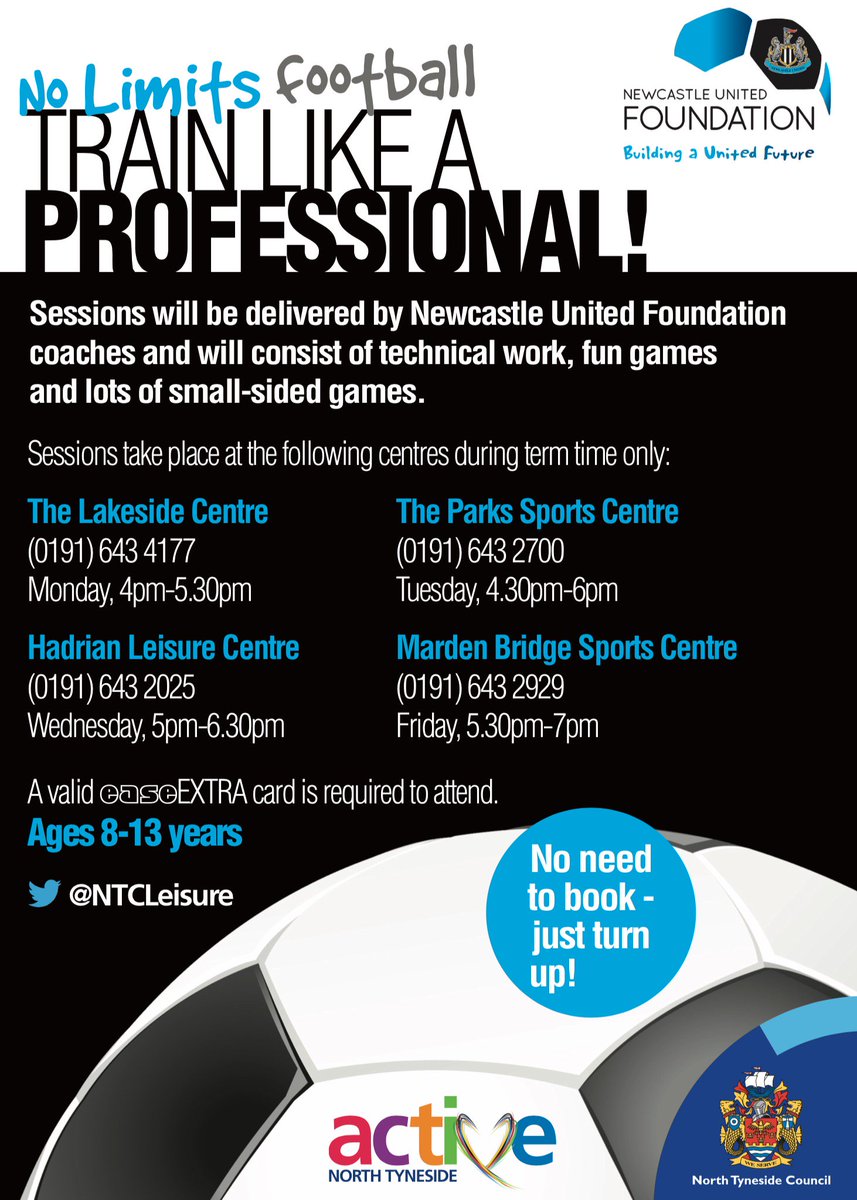8 - 13yrs? Like football? Join in one of our FREE training sessions; delivered by <a href="/NU_Foundation/">Newcastle United Foundation</a> coaches! #movemorelivemore @NTCLeisure