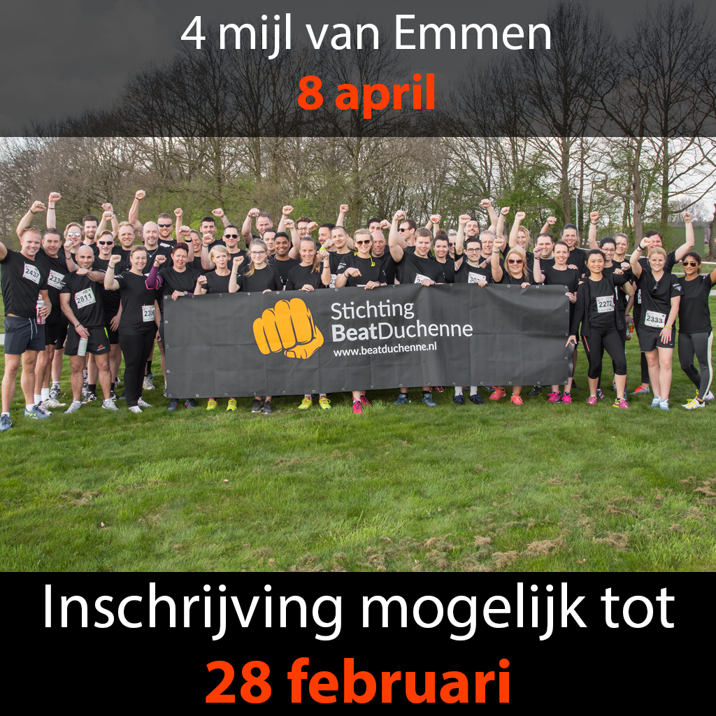 OPROEP: Schrijf je in. Je hebt nog maar 3 dagen!

Ga naar 4mijlvanemmen.nl/inschrijven en schrijf je in bij de 4 mijl van Emmen.

Ga vervolgens naar beatduchenne.nl/inschrijving-4… en schrijf je in bij Stichting Beat Duchenne