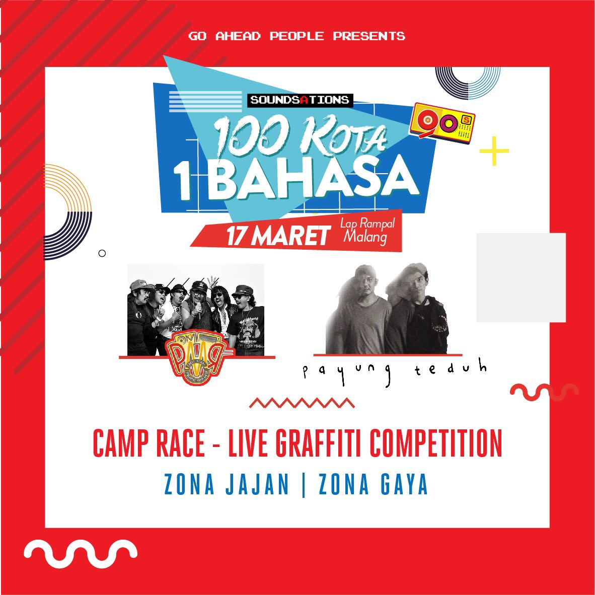 Save the dates! 17 Maret '18 di Lap. Rampal #Malang. Kuy nostalgia ngerasain ambient yg ada di 90an dgn spesial konten seperti Camp Race &amp; Live Grafitti Competition serta spesial perform OM PMR &amp; <a href="/payungteduh/">payungteduh</a>. Go Follow @kita90an #100Kota1Bahasa #NantiJugaLoPahamBahasaKita