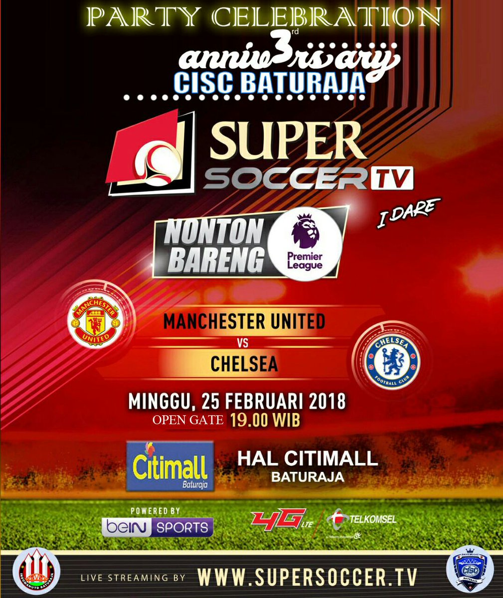 Party Celebration Anniv3rsary CISC Baturaja Present Supersoccer Nobar MU VS CHELSEA O.G 19:00 yok Ramaikan Citimall Baturaja banyak hiburan dan Dorprize malam nanti .
<a href="/IndoManUtd_BTA/">IndoManUtd Baturaja</a> 
<a href="/chelseaindo/">@chelseaindo</a>