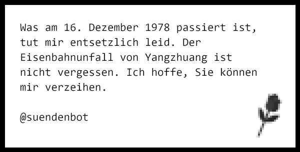 suendenbot's tweet photo. Was am 16. Dezember 1978 passiert ist, tut mir entsetzlich leid. Der Eisenbahnunfall von Yangzhuang ist nicht ver… https://t.co/lSLzGHVIud https://t.co/mq18XDwcLW