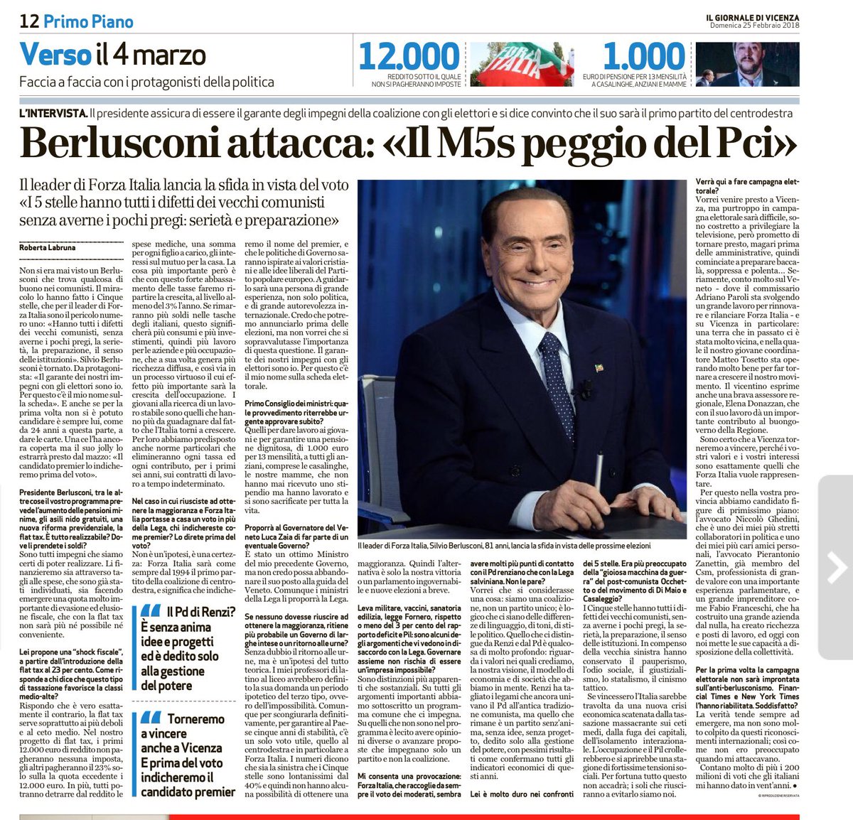 Intervista di Silvio Berlusconi al Giornale di Vicenza.