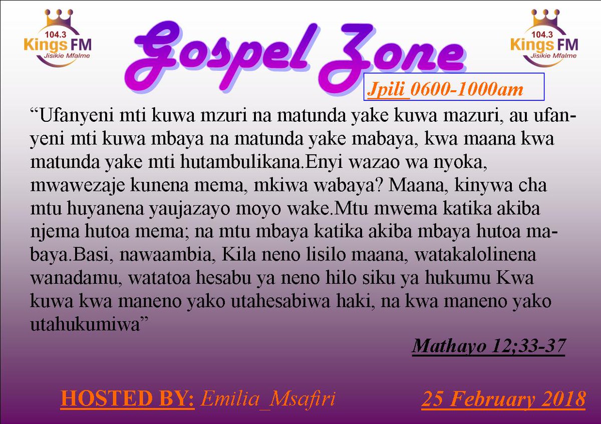 KingsFMRadio's tweet photo. #GospleZone ya @KingsFMRadio Kila Jumapili 0600-1000am.
Hosted By @emilia_msafiri
104.3MHz
#KingsFmRadioAndroidApp
#Tunnein
https://t.co/yz938oWAFQ https://t.co/ierxb6UftM