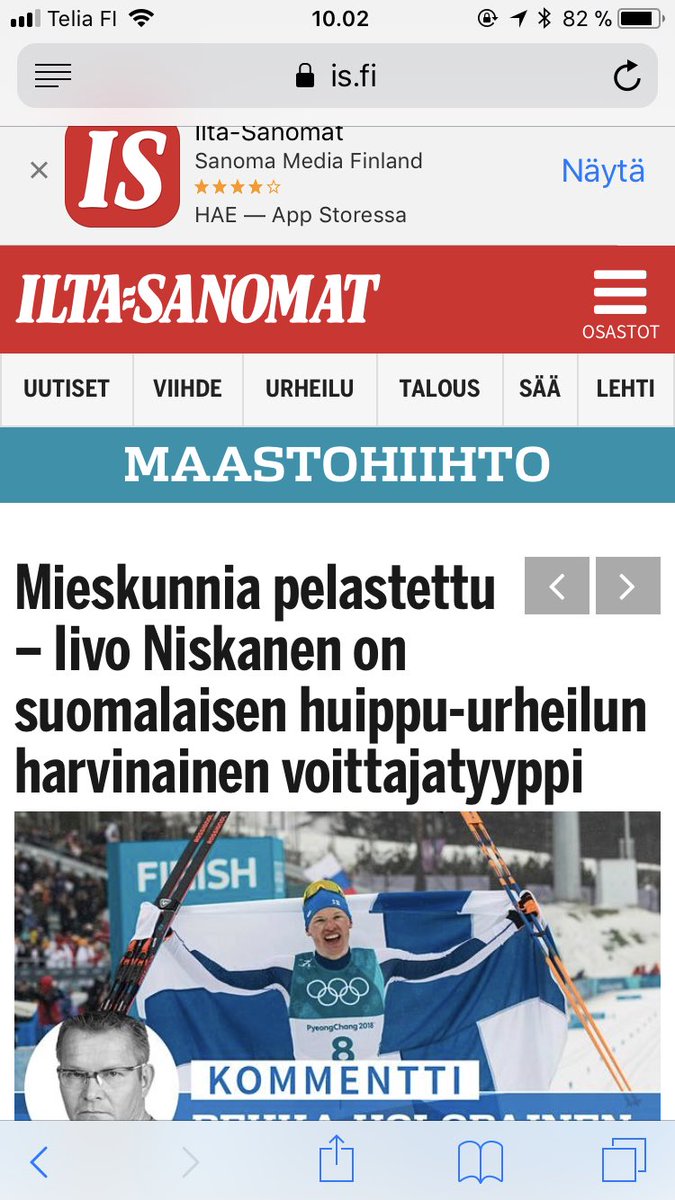 Kävi niin, että 5/6 olympiamitalia tuli Suomeen naisten upeista suorituksista. Mutta onneksi #mieskunnia tuli pelastetuksi. Kiitos @iltasanomat! #olympialaiset2018