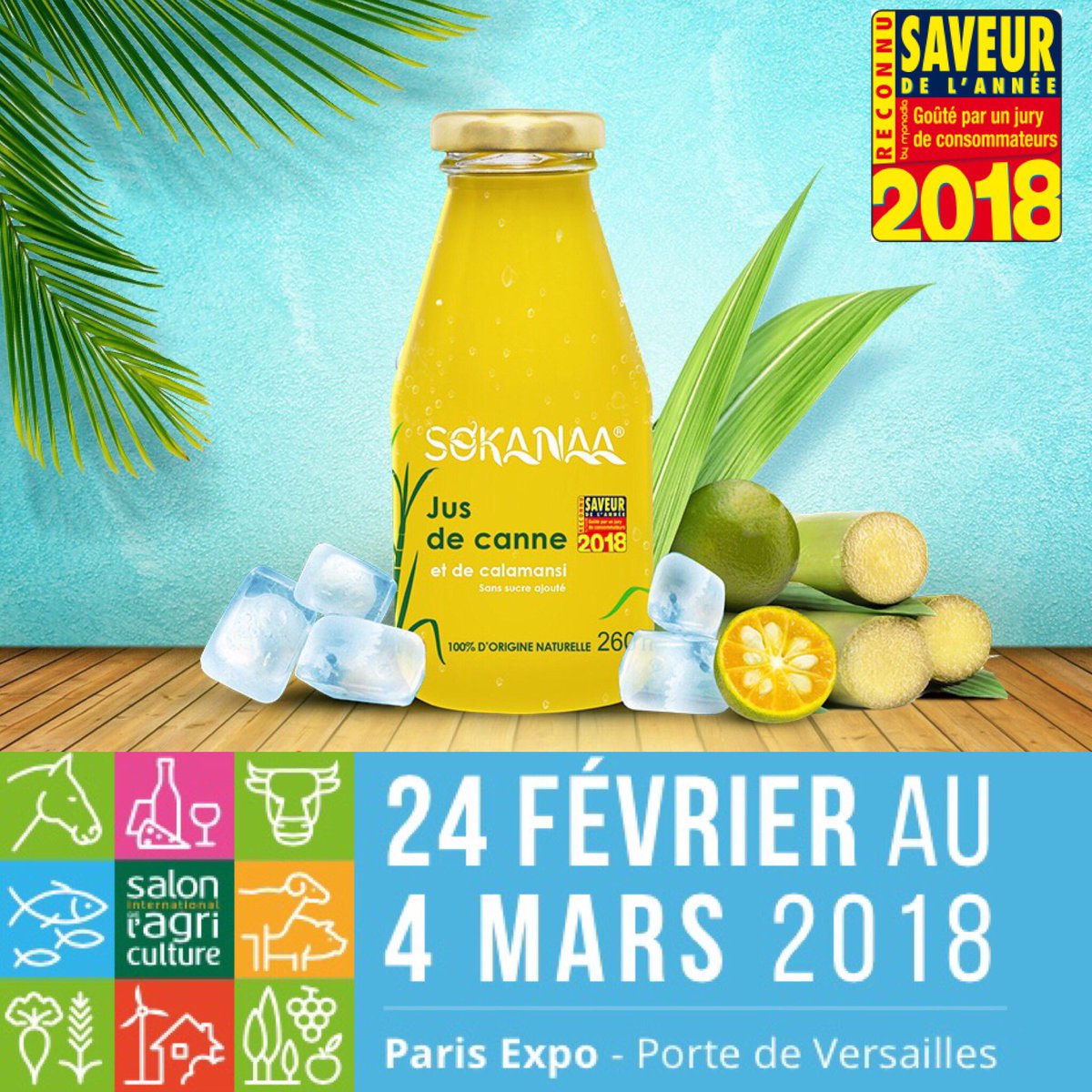 Sokanaa_France's tweet photo. SO’KANAA® vous attend au #SalonDeLAgriculture 2018 !
RDV dans le Hall 5.1 - Stand B032.
🗣Venez vous rafraîchir avec un verre de #JusDeCanne fraîchement pressé !
Santé avec SO’KANAA® ! 😉🌾✌🏼
#SIA2018 #Paris #IleDeFrance #JusNaturel #JusLocal #BoissonLocale https://t.co/q2ioVQ912V
