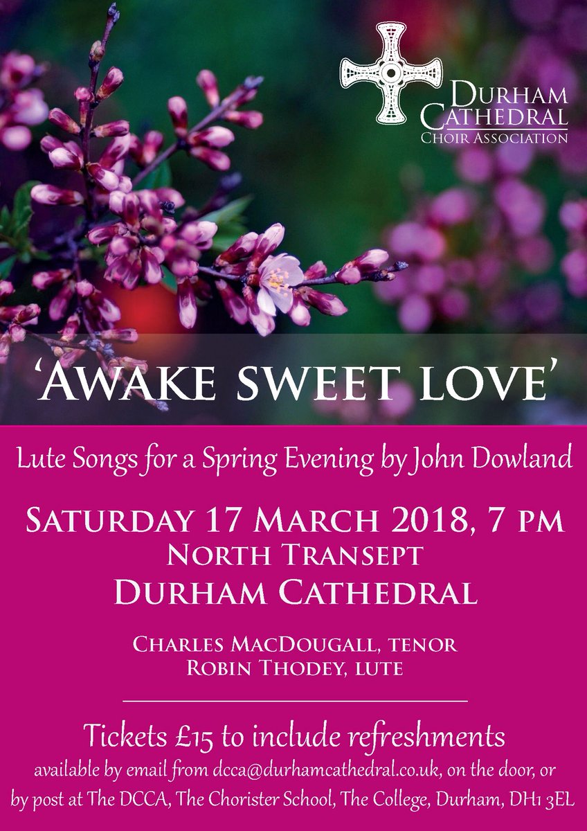 Get your tickets now for the next #DCCA concert with #CharlesMacDougall and #RobinThodey! #AwakeSweetLove for Tenor and Lute, songs by John Dowland. #springiscoming #supportingmusic <a href="/durhamcathedral/">Durham Cathedral</a>