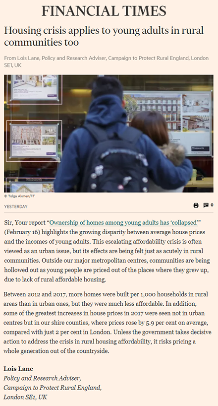 CPRE's tweet photo. 'Outside our major metropolitan centres, communities are being hollowed out as young people are priced out of the places where they grew up, due to lack of rural affordable housing'

We call for action in the @FT https://t.co/XQTqJYVQiH https://t.co/3qtV0zUjk5