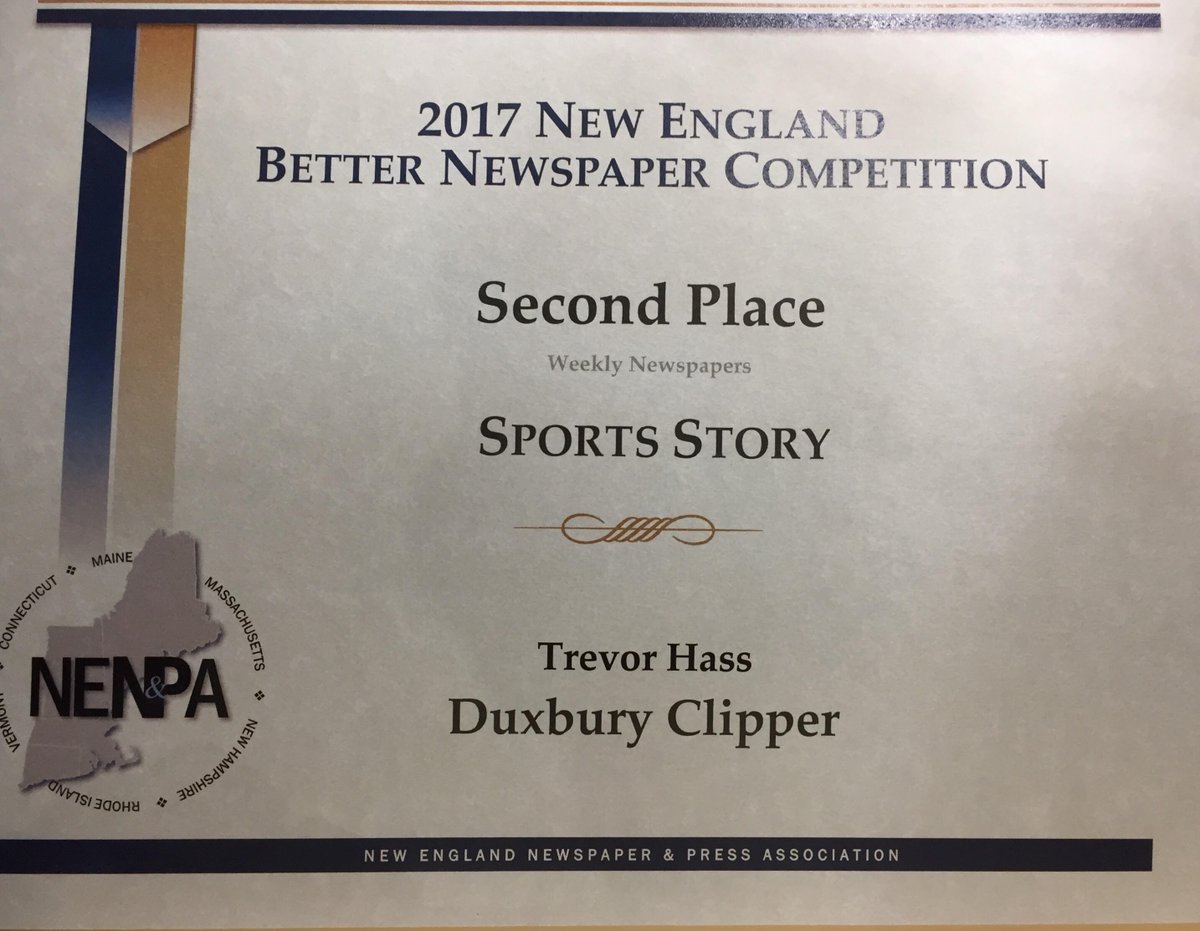 TrevorHass's tweet photo. Honored to receive 2nd place for "Sports Story" of the year at @NENPA's Better Newspaper Competition in Boston last night.

Here's the story, on three siblings running the Boston Marathon in honor of their sister, who died from a complex heart condition: https://t.co/HhZztUQhbb https://t.co/UABhRTAvGg