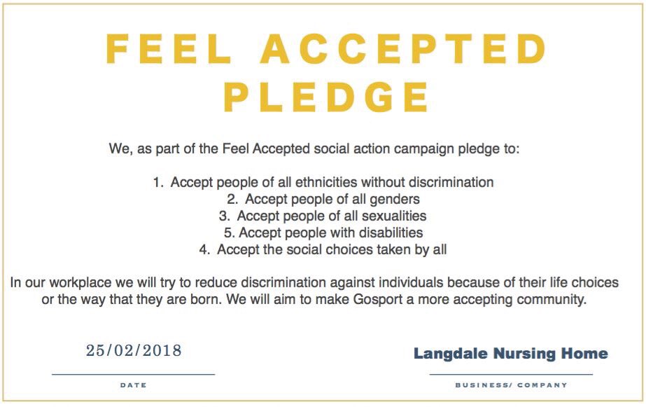 FeelAccepted's tweet photo. Langdale Nursing Home are the latest to sign our #FeelAccepted Pledge!π #gosport #UniteUS18 https://t.co/w7LrwnyvdU