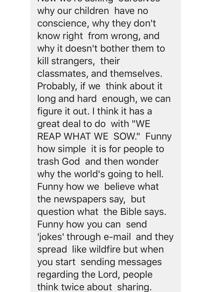 Mary_Dimond2's tweet photo. Amen! 🙏🏼 Lack of love for our lord &amp; acknowledgement that he even exists is where this country has gone wrong. PARENT your children, TEACH your children. Teach them right from wrong. We have a job to raise our kids with discipline &amp; knowledge. THAT could prevent many tragedies. https://t.co/Pxd9Xc1QBL