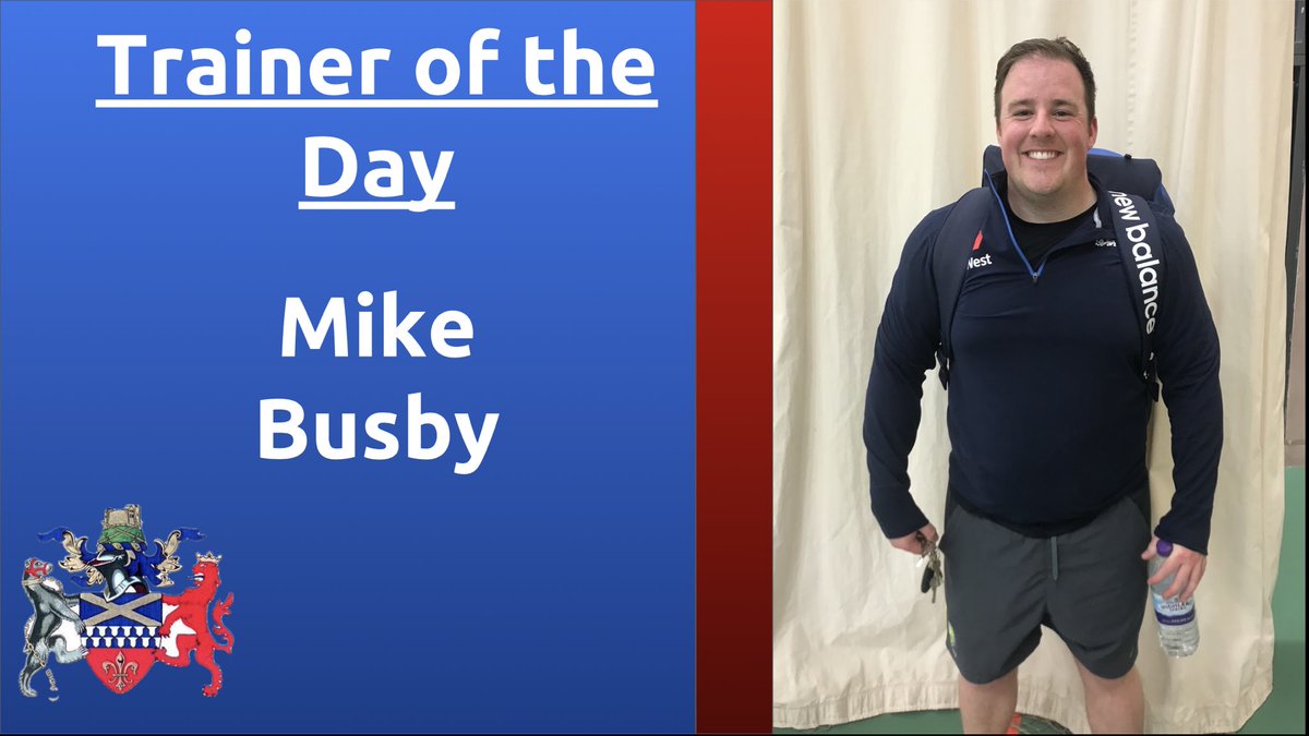 Tamworthcricket's tweet photo. 🔵🔴 Trainer of the Day 🔴🔵
Today’s Senior Winter Training ‘Trainer of the Day’ award goes to @mikebusby89 for some world class fielding and crafty leg spin this afternoon! #traineroftheday #buzza https://t.co/X7wVsJWtyd