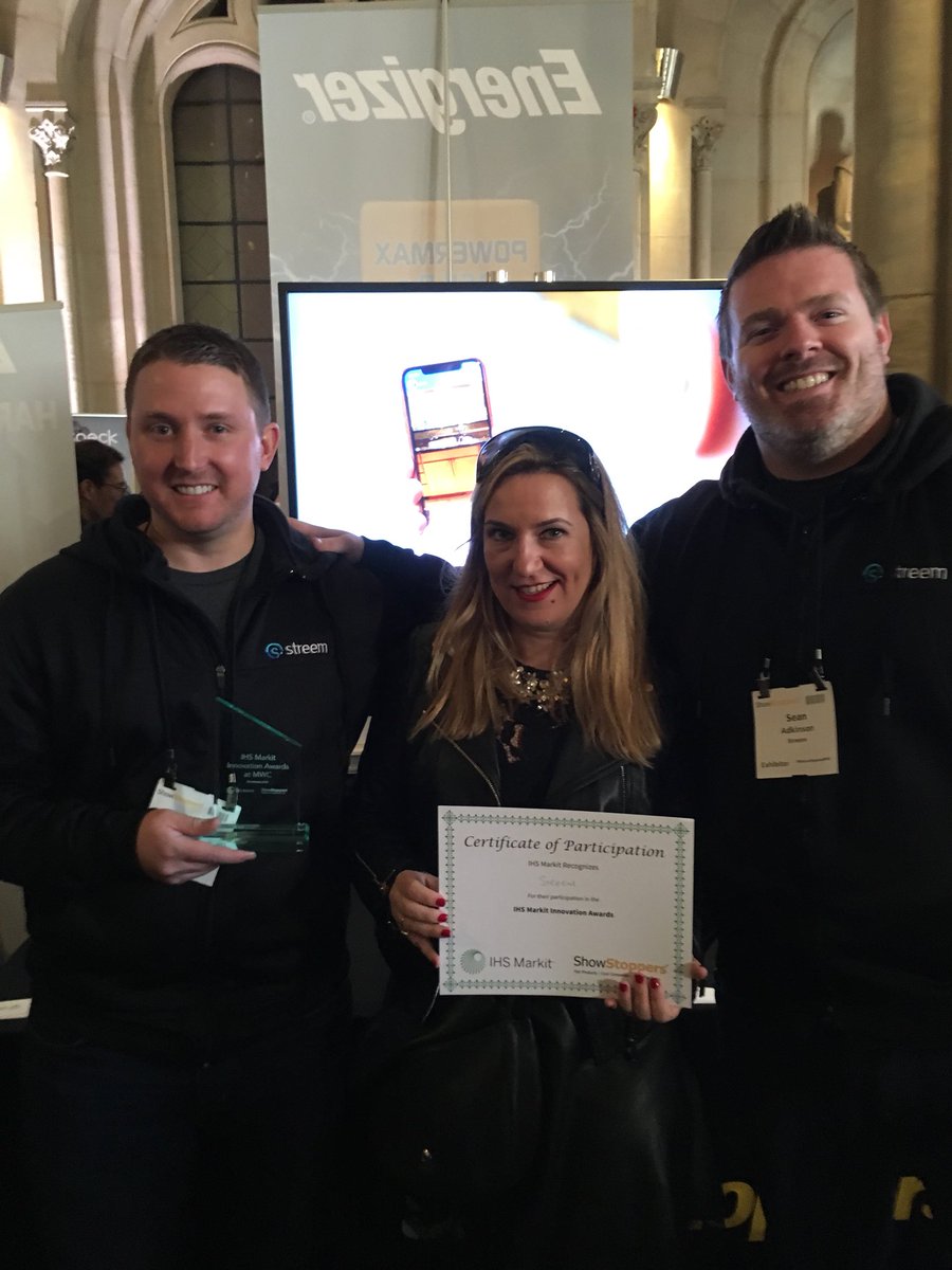 OmdiaHQ's tweet photo. @streem_pro win the @IHSMarkit Apps, Platforms &amp; Software Award at the IHS Markit Innovation Awards. Presented by @maria_aguete @showstoppers #MWC18 https://t.co/LqUQQW8XTf