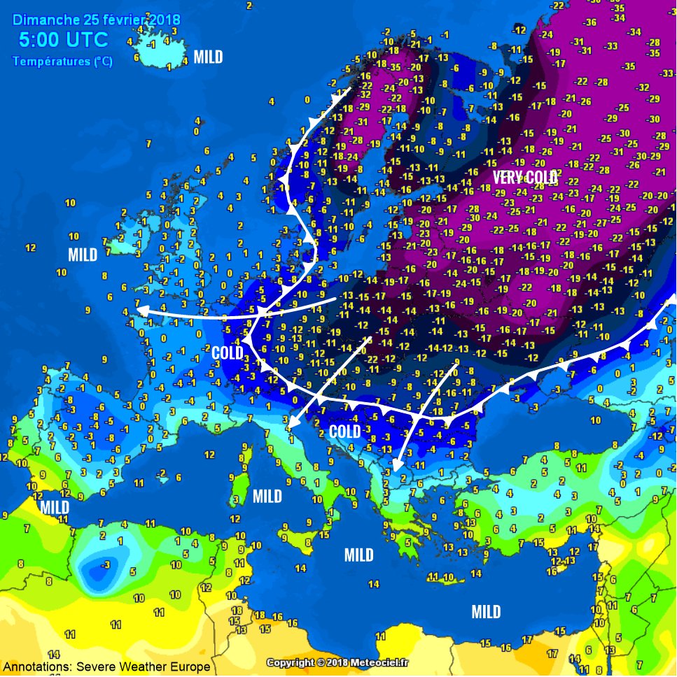 Here are the temperatures across the continent this Sunday morning. The  frigid airmass from NE Europe is pushing into central and southeastern  Europe. Temperatures are in double digit negative values, mostly -10 °C  to -25 °C, locally down to -36 °C. Map: <a href="/meteociel/">Meteociel</a>