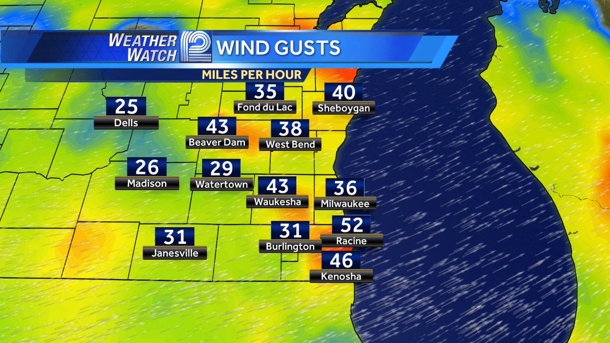 Chris_R_Swaim's tweet photo. A 52 MPH gust registered in Racine! That is crazy! For perspective: severe thunderstorm warning criteria is 58 MPH! #Wind #WIwx #KiteWeather https://t.co/00dNnf0vjr