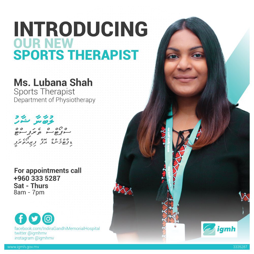 Introducing our new sports therapist Ms. Lubana Shah. Ms. Lubana will be giving therapy for sports related injuries. For appointments call 3335287 or visit or Physiotherapy department from Saturday to Thursday 8am to 7pm.