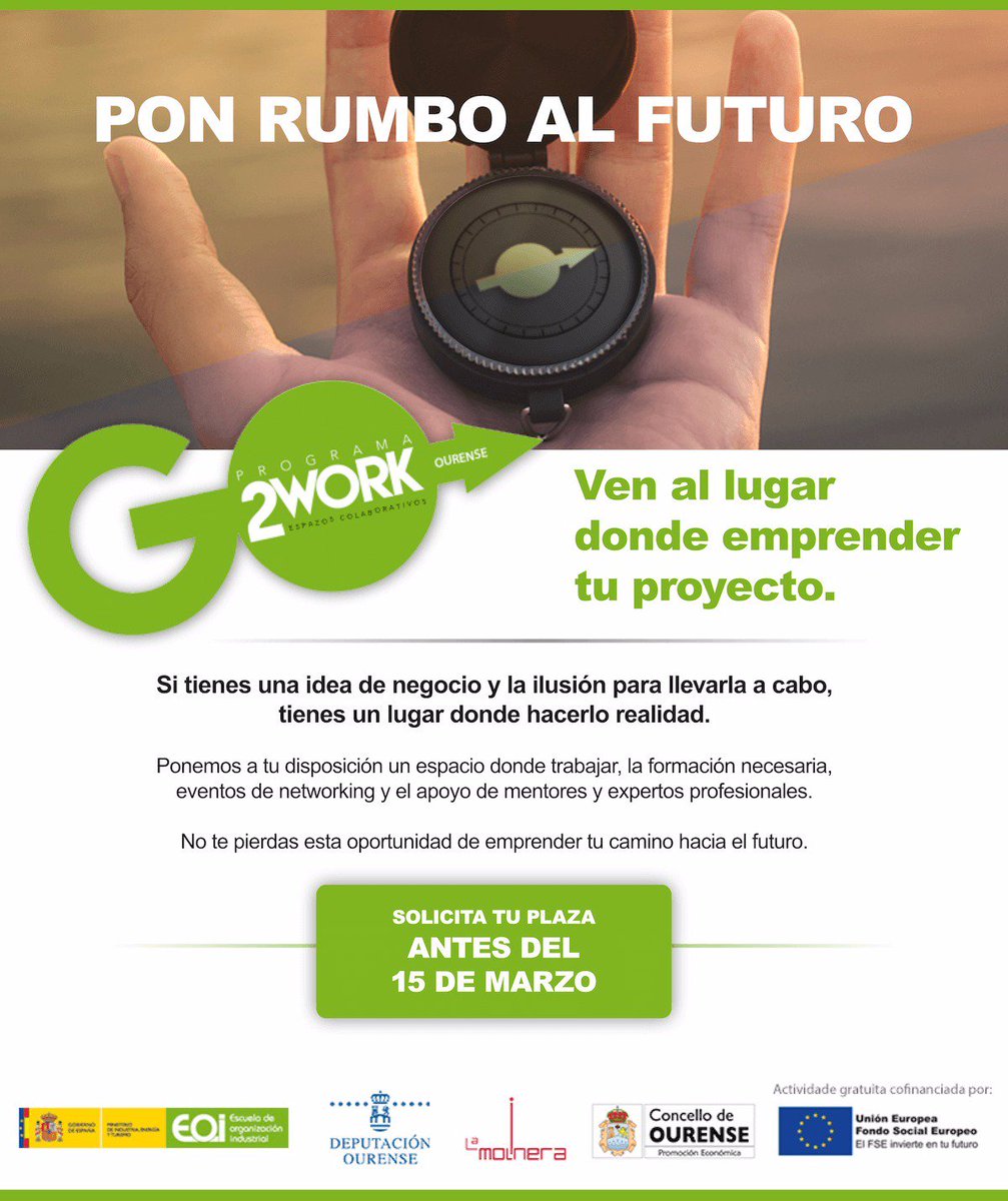 LaMolineraCC's tweet photo. ¿Tienes una idea y la ilusión para sacarla adelante? Ven al espacio gratuito #CoworkingEOI de Ourense. Un lugar para trabajar, formación, networking y apoyo de mentores y expertos. No pierdas esta oportunidad de #emprendimiento, solicita tu plaza     https://t.co/d3uBObbNwU https://t.co/wDoTs67tql