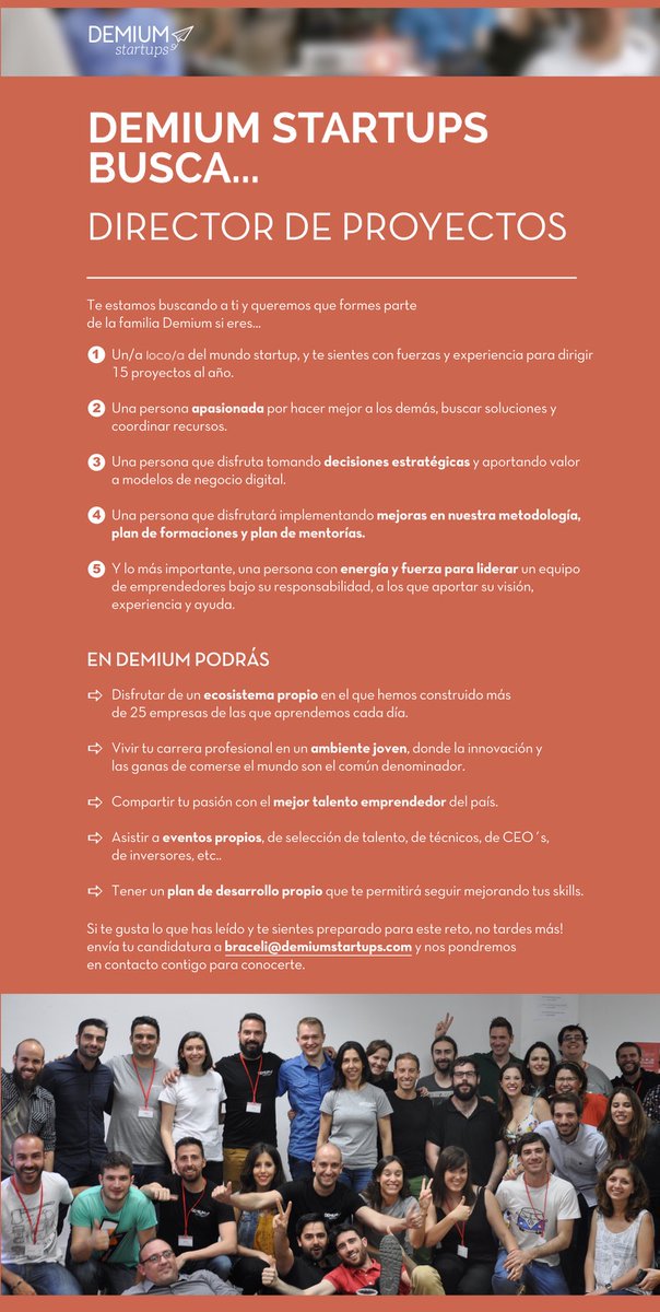Seguimos buscando Director de Proyectos para <a href="/DemiumStartups/">Demium</a> Madrid. Si conoces un emprendedor “en excedencia” que quiera aprender una brutalidad y cazar al próximo unicornio, siendo su socio desde el día cero, no dudes en escribirme. Please RT!