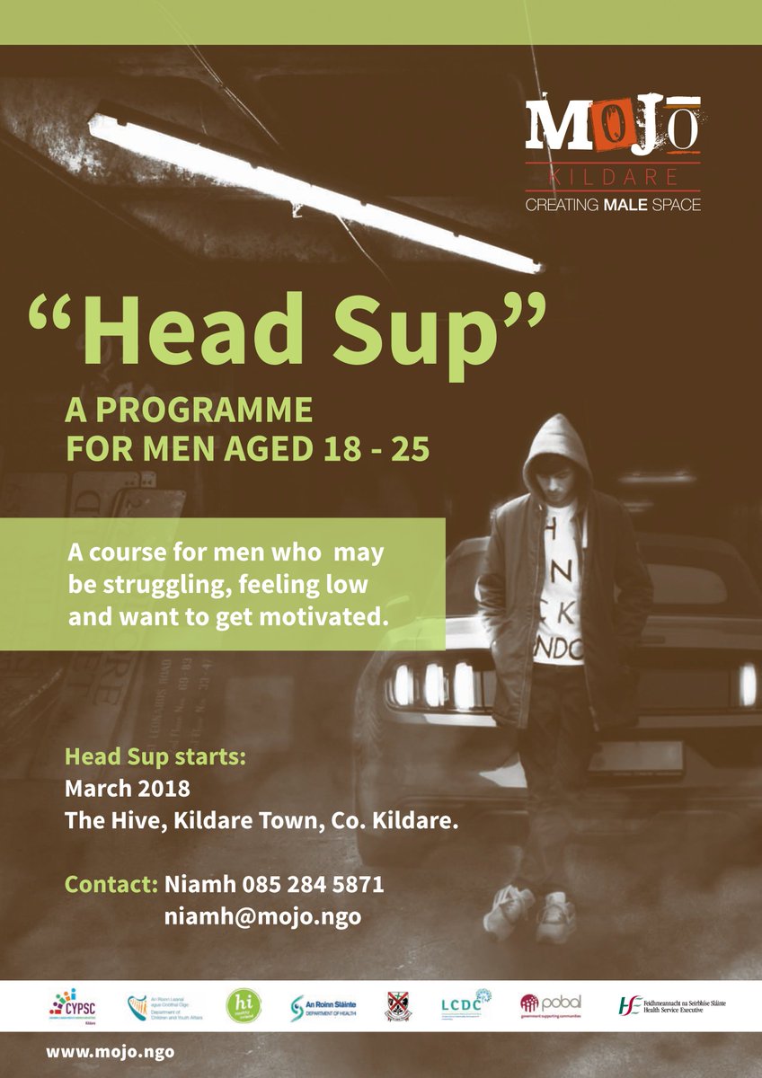 Great News!! 

Dates for our Mojo "Head Sup (18-25 year olds) programme 
in The Hive, Kildare Town are as follows:

- Thursday 8th March at 11.30am
- Thursday 15th March at 11.30am
- Thursday 22nd March at 11.30am
- Thursday 29th March at 11.30am