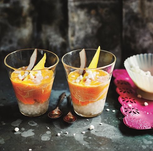 Elegant and light - this dessert uses light mango cream with lovely gelatinous tapioca pearls, mango and freshly grated coconut to create a delicious bite.