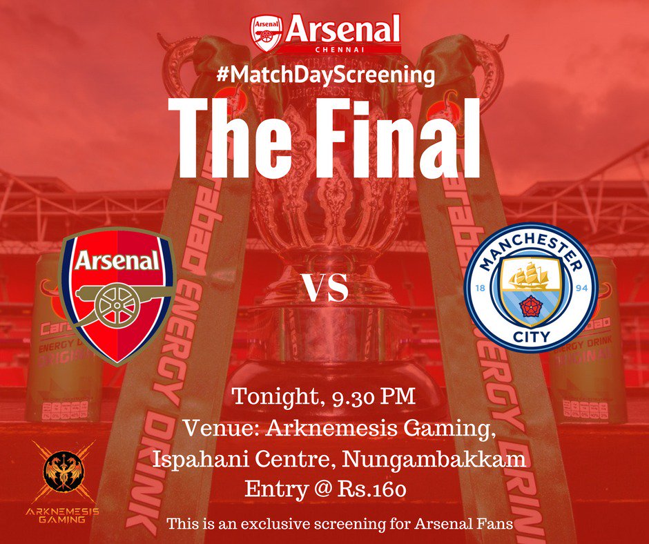 Join @ArsenalChennai fans tonight for #CarabaoCup final screening between @Arsenal & @ManCity at Arknemesis Gaming Arena, Ispahani Centre, Chennai. #CarabaoCupFinal #AFC #COYG #WeAreTheArsenal #AFCvsMCFC #ACSC