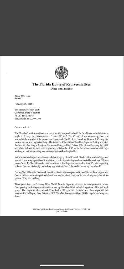 JDubyaGrant's tweet photo. Today: Sheriff Israel bragged on national tv about his self-described โamazing leadership.โ
Also today: We ask @FLGovScott to immediately suspend the Sheriff for his absolute dereliction of duty and the inexplicable, abject failures we continue to learn more about. https://t.co/W9FKkcxPeQ