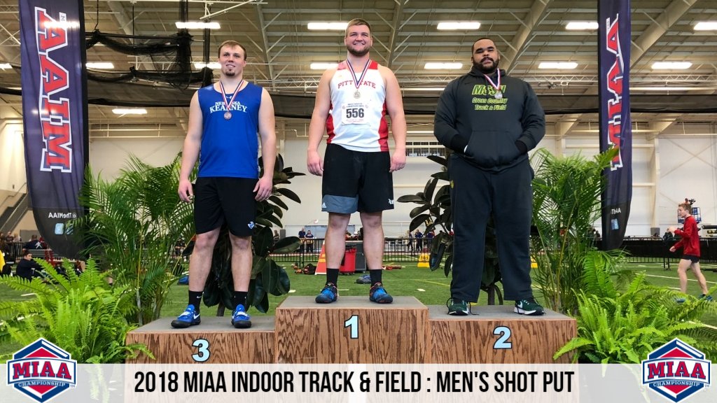 TheMIAA's tweet photo. 2018 MIAA Men's Shot Put: Champion-PSU's Bo Farrow, 2nd-MSSU's Bryan Burns, 3rd-UNK's Jacob Bartling. #BringYourAGame https://t.co/qpuvf76303