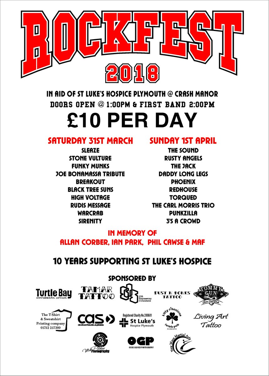 CuzRockfest's tweet photo. ROCKFEST 2018 IN AID OF @StLukesPlymouth 2 DAYS 20 BANDS PLAYING @ManorCrash #PLYMOUTH #DEVON #PUNK #BLUES #SKA #INDIE #METAL #BRITPOP #ROCK @HeraldWhatsOn @WhatsOnPlymouth @whatsondevon 🎤🎸🥁🎹🎺🎷🍻🤘😎 https://t.co/crEdLNEdal