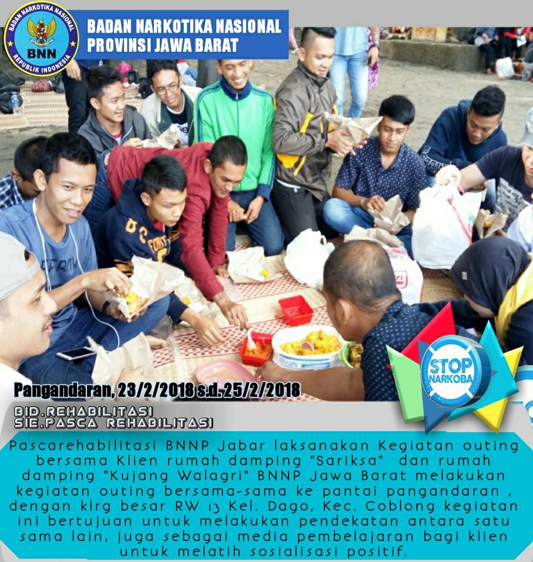 Pangandaran, 23-25 Februari 2018
Pascarehabilitasi BNNP Jabar laksanakan Kegiatan outing  bersama Klien rumah damping "Sariksa"  dan rumah damping "Kujang Walagri" BNNP Jawa Barat melakukan kegiatan outing bersama-sama ke pantai pangandaran.