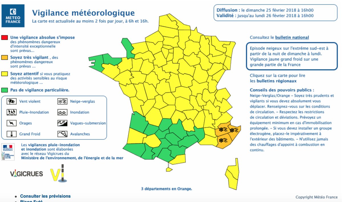 Interieur_Gouv's tweet photo. ⚠️🌨️ 3 départements du Sud-Est placés en #vigilanceorange #neige #verglas. Dès cette nuit, les chutes de neige prévues sur certains secteurs pourront rendre les conditions de circulation difficiles. Soyez prudents sur les routes ⬇️ https://t.co/NSYOokbHZJ