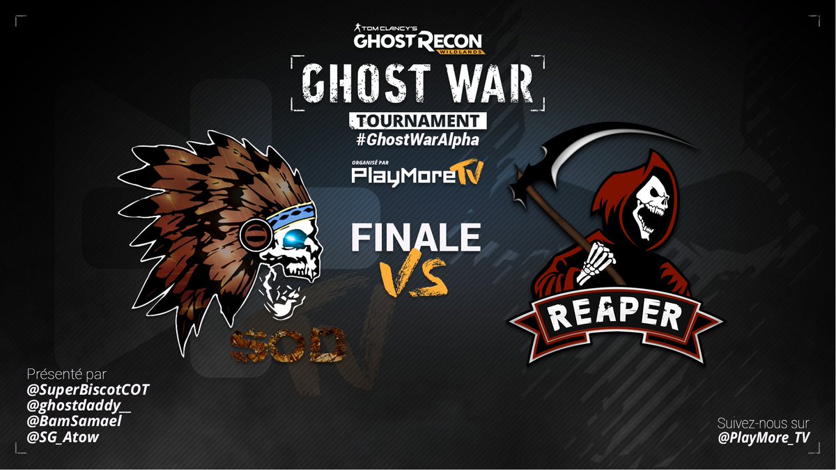 PlayMore_TV's tweet photo. REAPER remporte sa rencontre face à FRENCH Company et se place en FINALE du tournoi #GhostWarAlpha, contre SONG OF DEATH !

RDV dans quelques minutes sur https://t.co/osBZDPSydd pour assister à cet ultime match !

#GhostReconWildlands #GhostWar #GRW #PMTV https://t.co/JrKeFgajnn