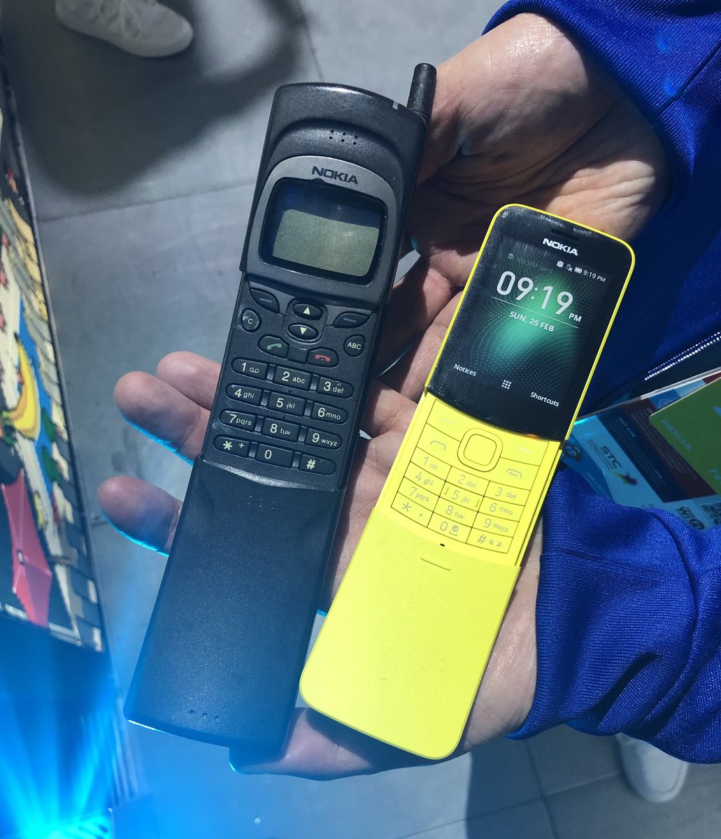benwood's tweet photo. Say hello to Nokia’s retro line up side-by-side with the originals. Gotta love a bit of mobile phone nostalgia. #8110 #3110 #retro #MWC18 #BananaPhone #MatrixPhone https://t.co/8zjbCl8UNH