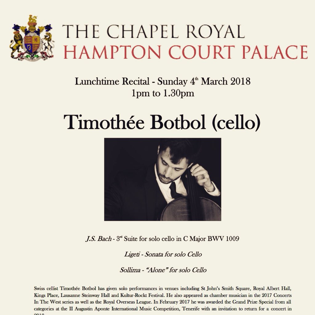 TimotheeBotbol's tweet photo. Thrilled to be involved again with #TheChapelRoyal! Don’t forget to buy your admission ticket and enjoy the full visit of Hampton Court Palace @HRP_palaces #concert #cello #bach #ligeti https://t.co/5hMQX3MNZ1