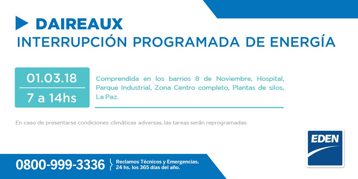 EDENSAcomunica's tweet photo. | #Daireaux | Interrupción programada de energía de acuerdo al siguiente esquema https://t.co/wafWgZVhbJ