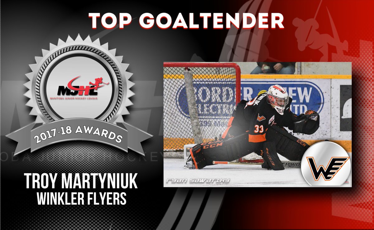 mjhlhockey's tweet photo. Congratulations to the 2017/18 #MJHL Top Goaltender @winklerflyers Troy Martyniuk 

#MJHLHockey https://t.co/WdPNoYYqzD