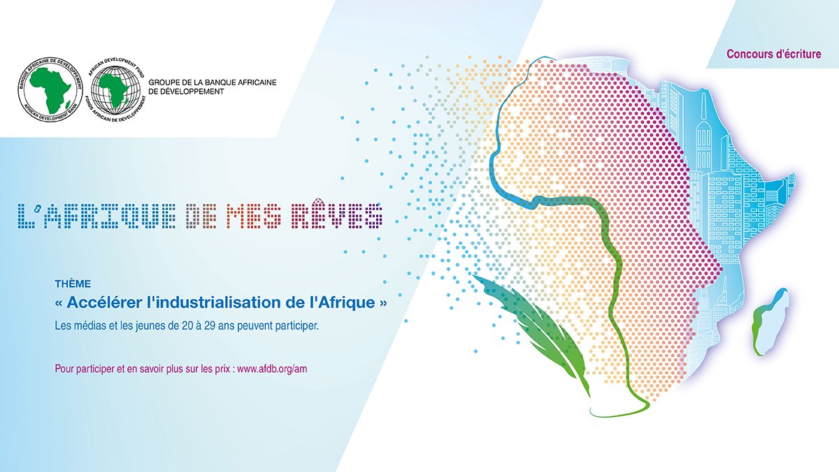 AfDB_Group's tweet photo. Jeunes Africains, à vos plumes ! La Banque africaine de développement lance un concours d’écriture pour que les jeunes africains fassent entendre leur voix et stimulent l’avenir de l’industrialisation de l’Afrique. #AfricaOfMyDreams
En savoir plus : https://t.co/aBzYBg1341 https://t.co/hfIpPVOt5N