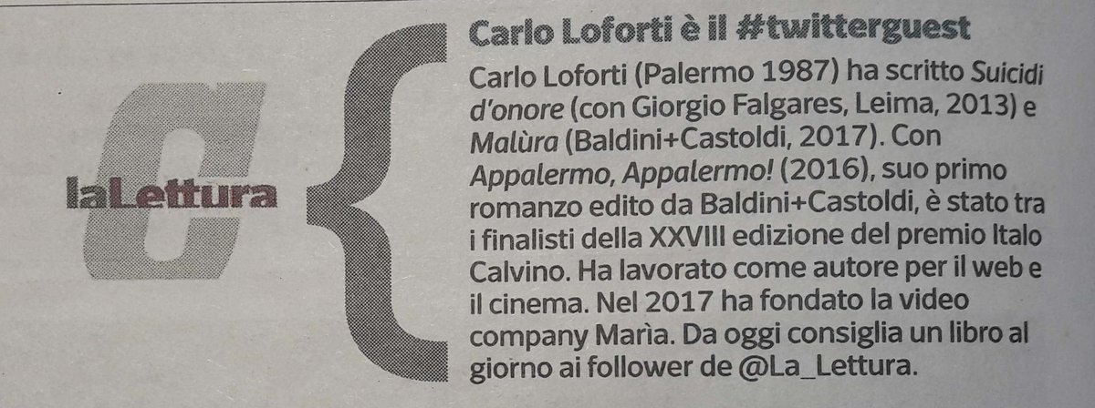 Diamo il benvenuto al nuovo #twitterguest, lo scrittore <a href="/CarloLoforti/">Carlo Loforti</a>. Da oggi consiglia un titolo al giorno #vivalaLettura