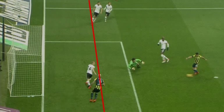 Fenerbahçe'nin attığı gol açık ara ofsayt. (Görüntü: beIN Sports)

📌Kural kitabında "kaleci de sayılırsa" son adam değil sondan 2. adam esas alınır. Fabri kalede olmadığı için esas alınan futbolcu Tosic.