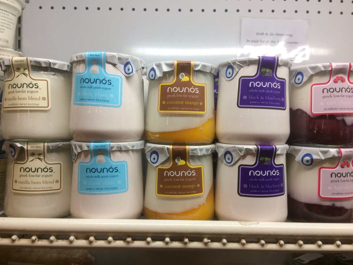 Now carrying Nounos Creamery Greek yogurt in coconut-mango, black &amp; blueberry, tart cherry, vanilla bean &amp; plain. Small-batch, handcrafted, family recipes from Long Island! #thelittleglassjar