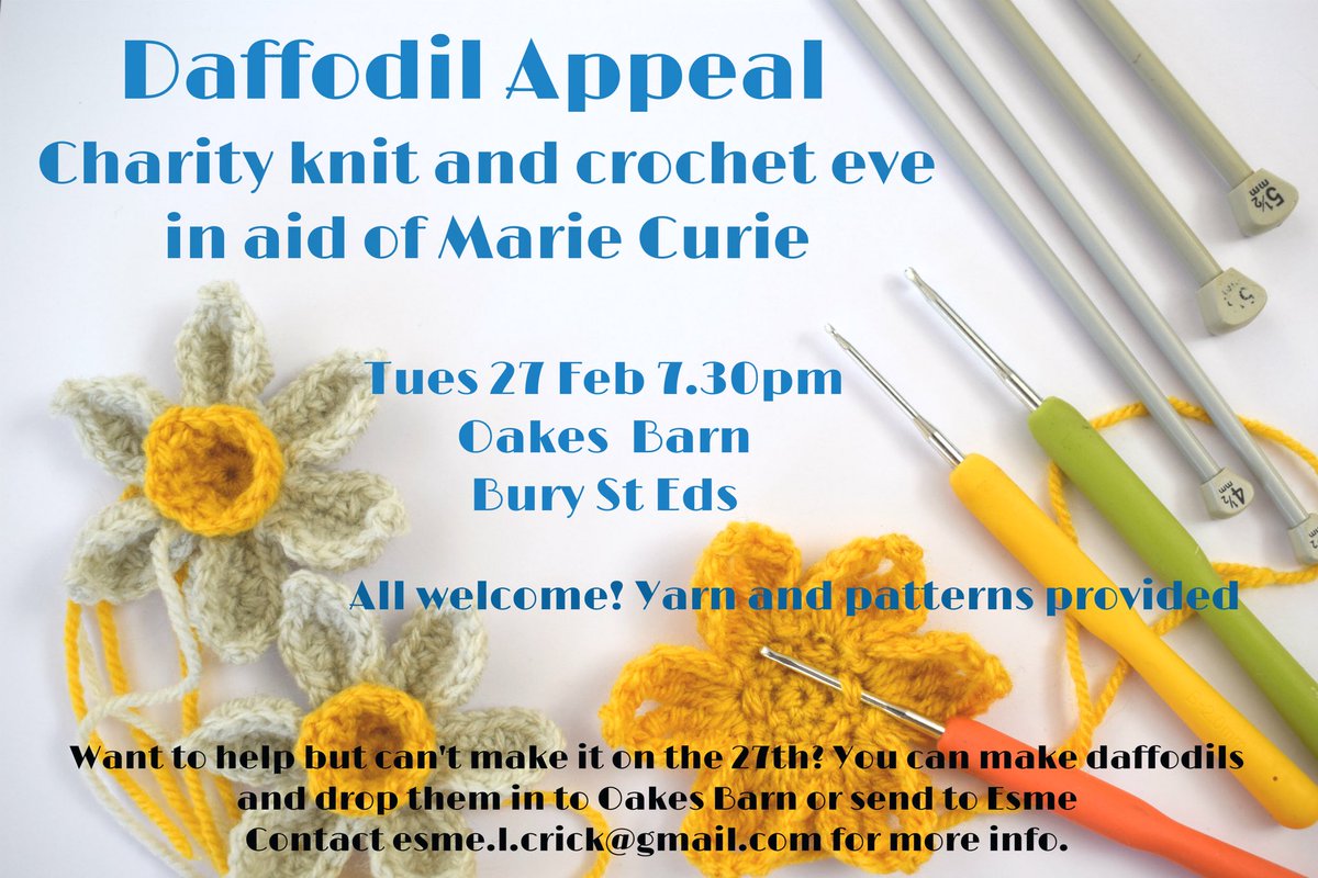 nicolephillips6's tweet photo. Come and knit/ crochet @oakesbarn on Tuesday #daffodils #mariecurieuk #charity https://t.co/yx6DNZomlE