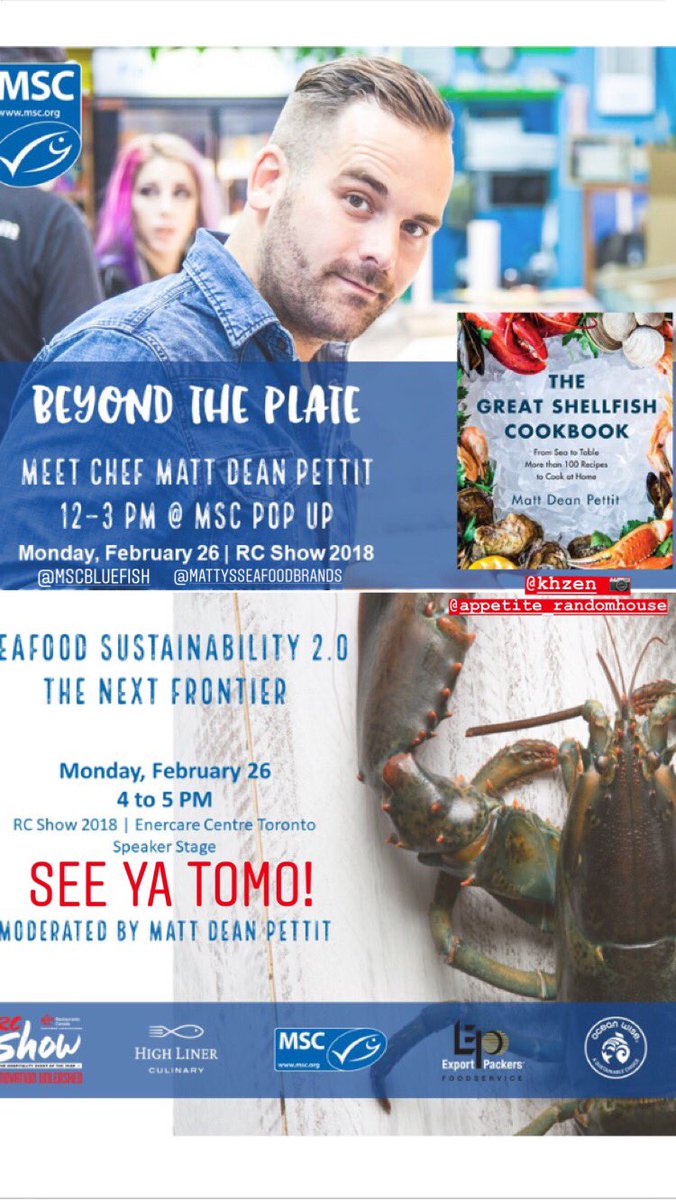 MattDeanPettit's tweet image. Sneak preview of the new #TheGreatShellfishCookbook  @ the @MSCbluefish #BeyondThePlate Pop Up @RCShowCanada.
Monday, February 26 | 12 – 3 PM
Come say #hichef and enter to win an exclusive advance copy of my new book!
@PenguinRandomCA #RCshow2018 #MSCbluefish #choosethebluefish