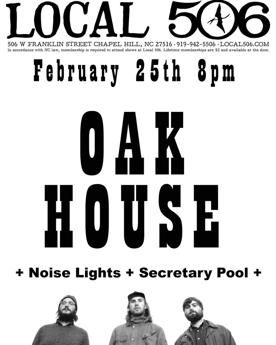 Local506's tweet image. Tonight!
Oak House, Noise Lights, Secretary Pool

Doors at 7, Show at 8 
Tickets $8 at the door or Local506.com